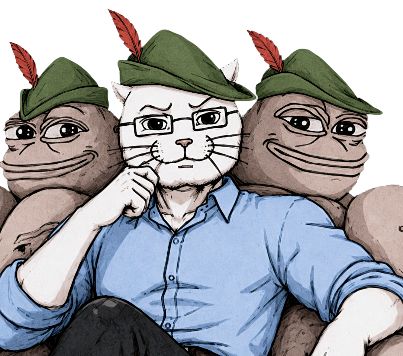 Close portrait of Catjak surrounded by meme characters