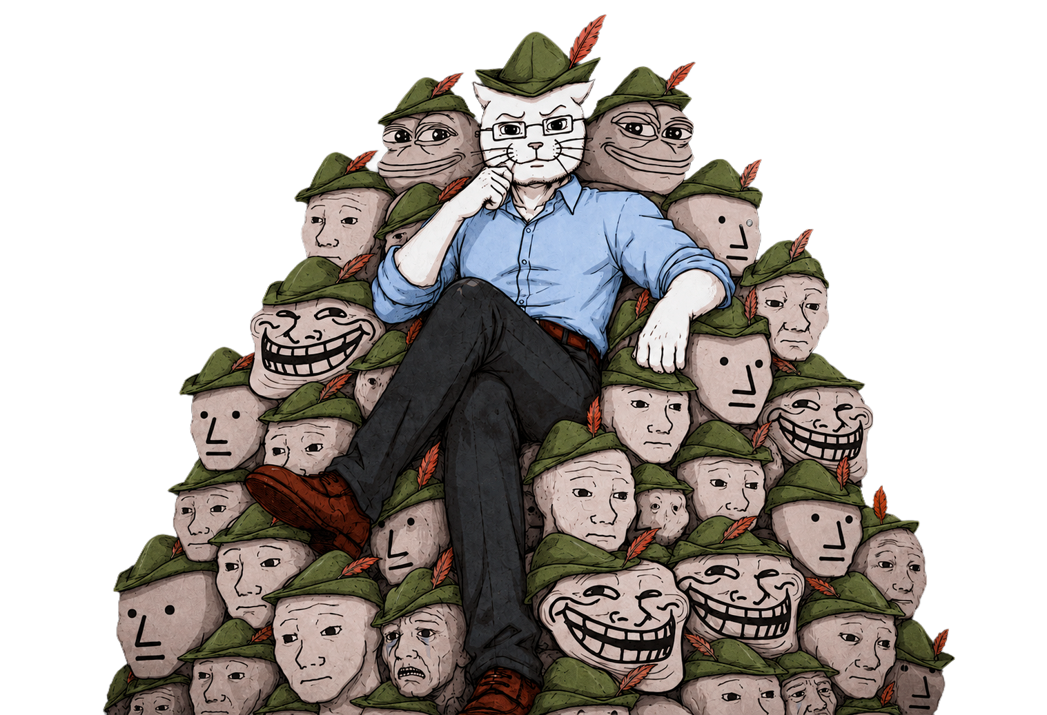Catjak seated above a crowd of meme characters wearing his hat