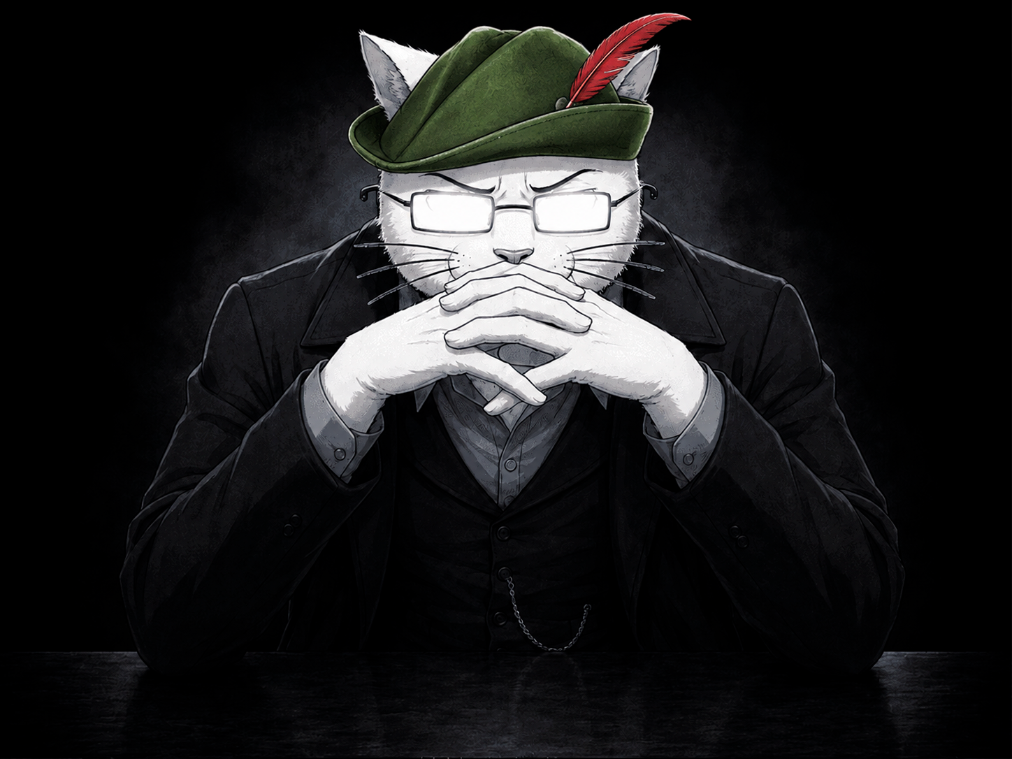 Catjak seated at a dark table in a black suit